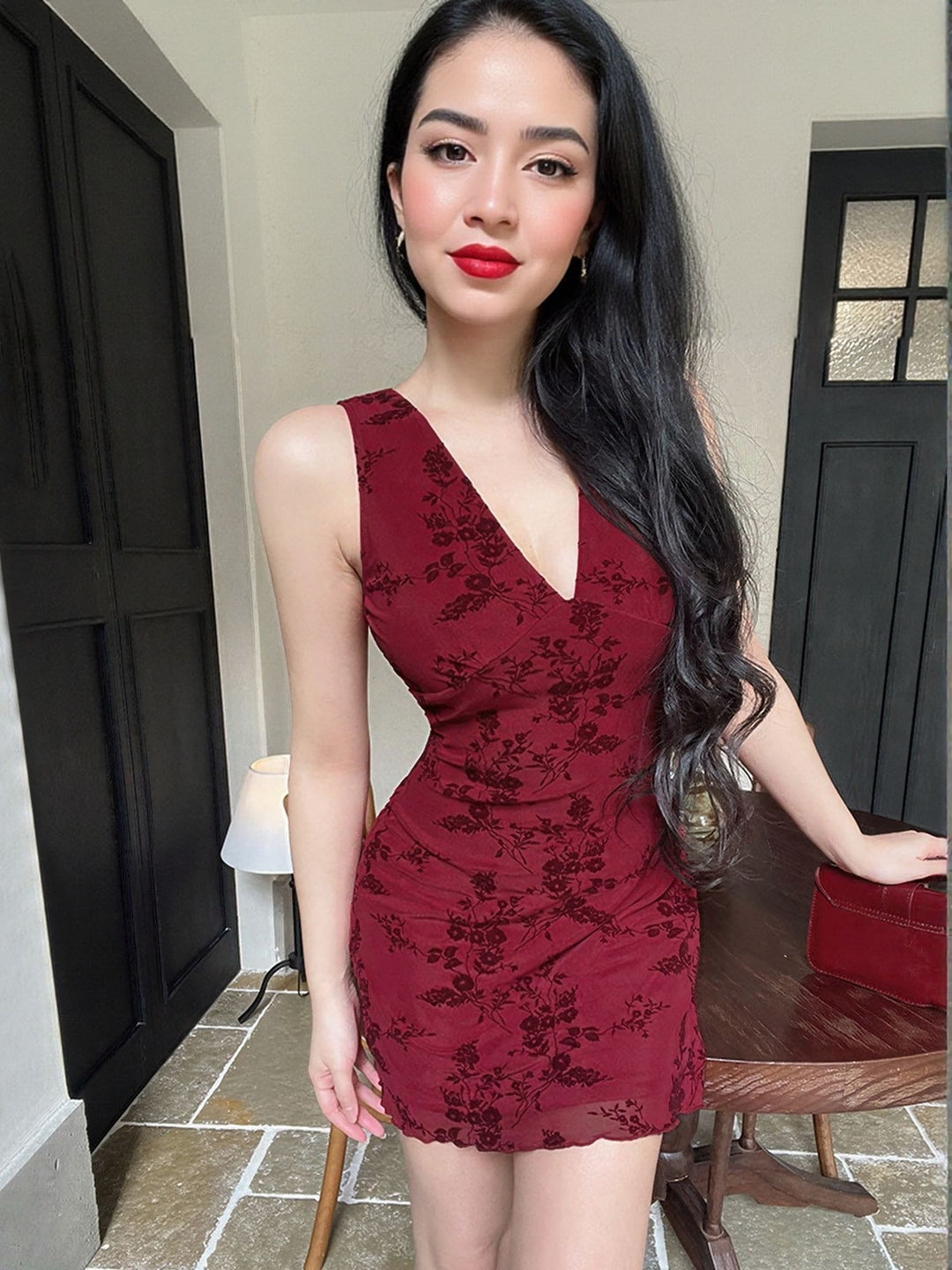 Red Printed Mesh Dress