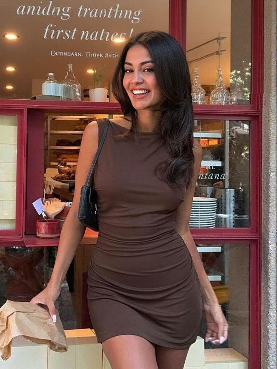 Brown Back Cut Out Bodycon Mini Dress
