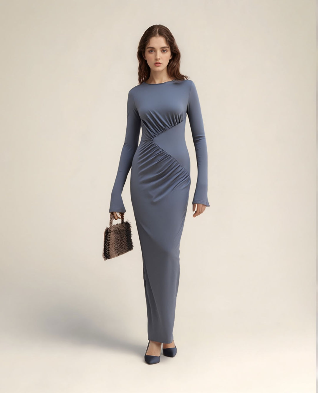 Grey High Necked Bell Sleeved Fitted Dress