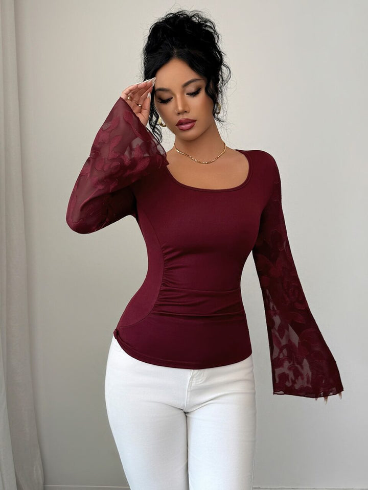 Wine Scoop Neck Top With Lace Bell Sleeves
