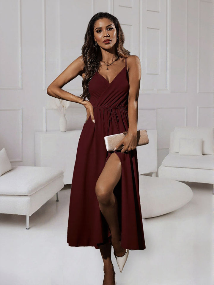 Wine High Slit Wrap Maxi Dress