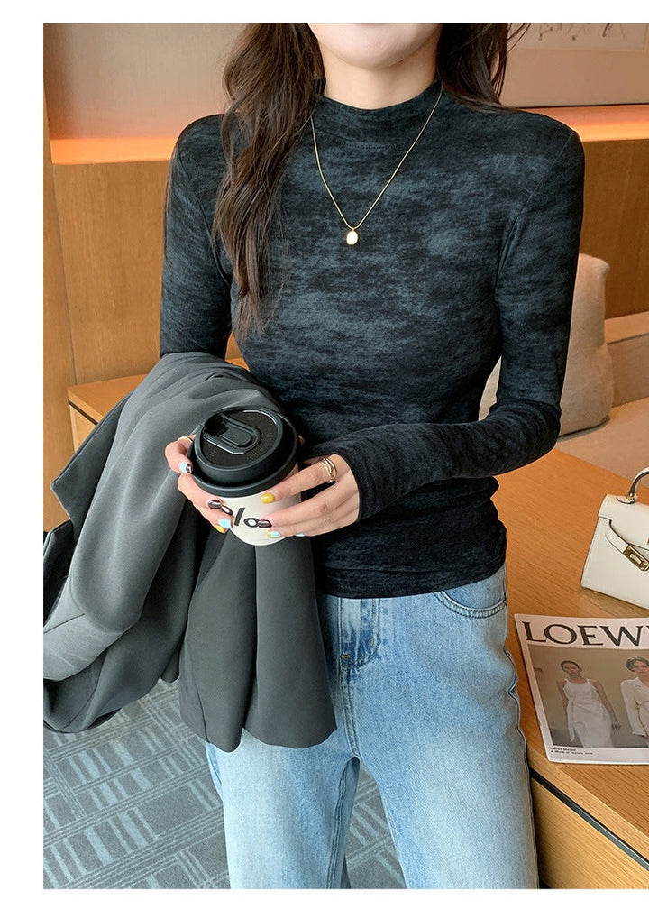 Black Full Sleeve Crew Neck Abstract Printed Fitted Top