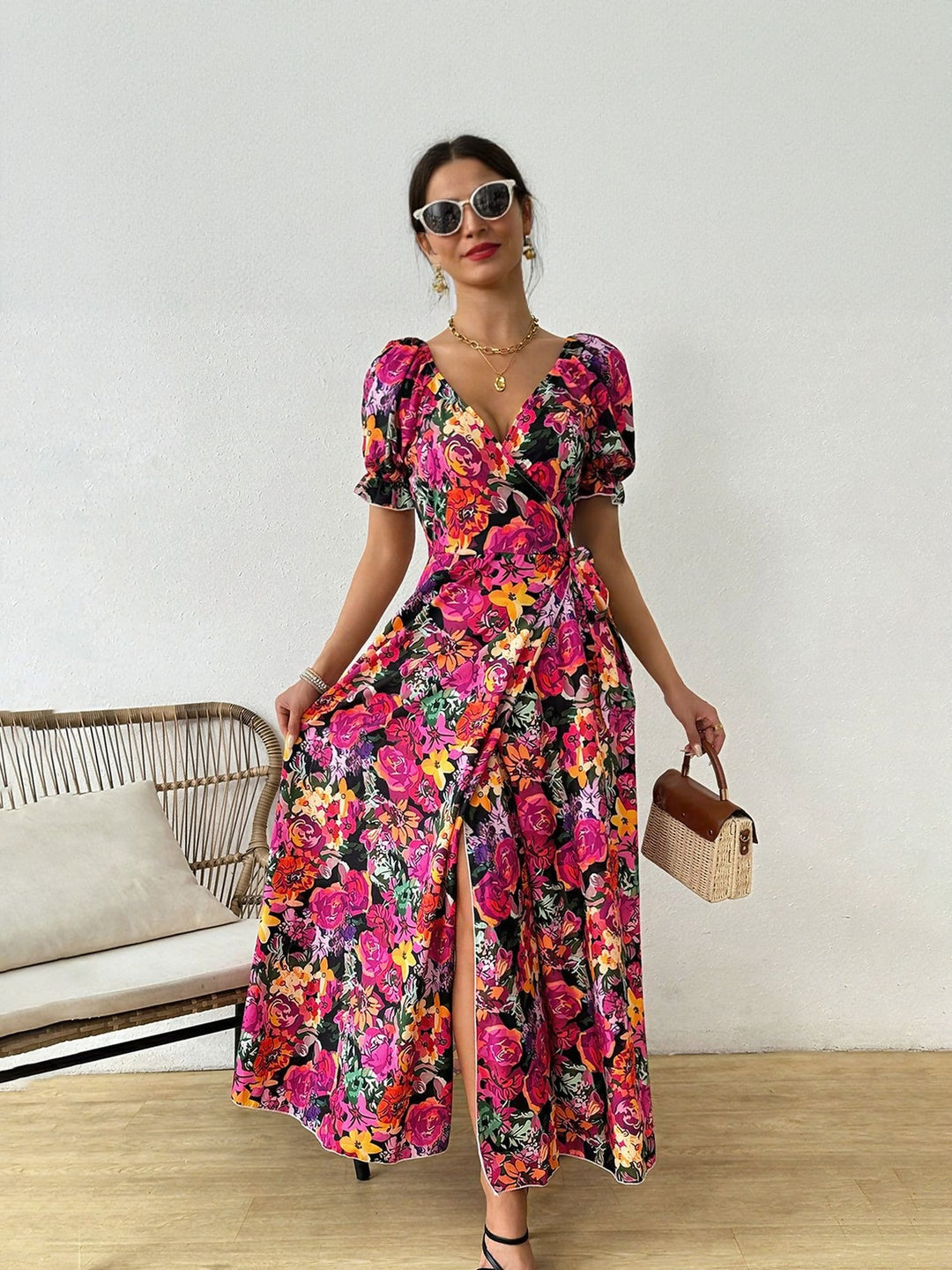 Pink Side Slit Puff Sleeve Maxi Dress