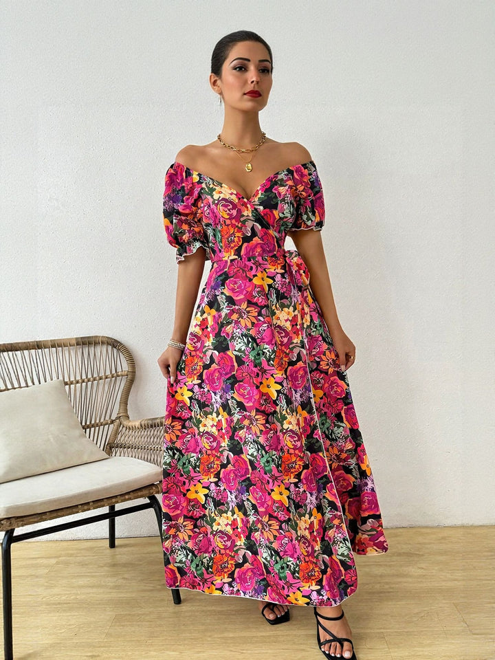 Pink Side Slit Puff Sleeve Maxi Dress
