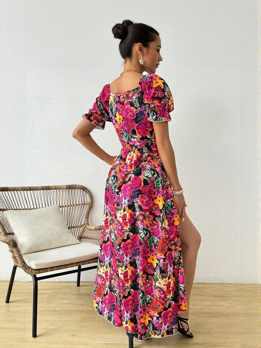 Pink Side Slit Puff Sleeve Maxi Dress