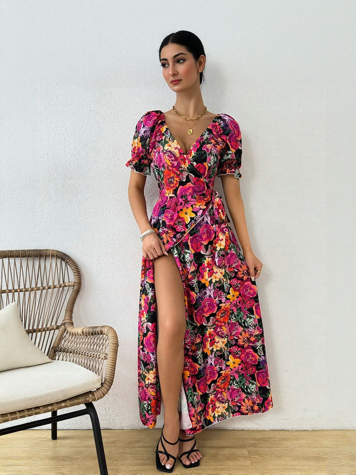 Pink Side Slit Puff Sleeve Maxi Dress