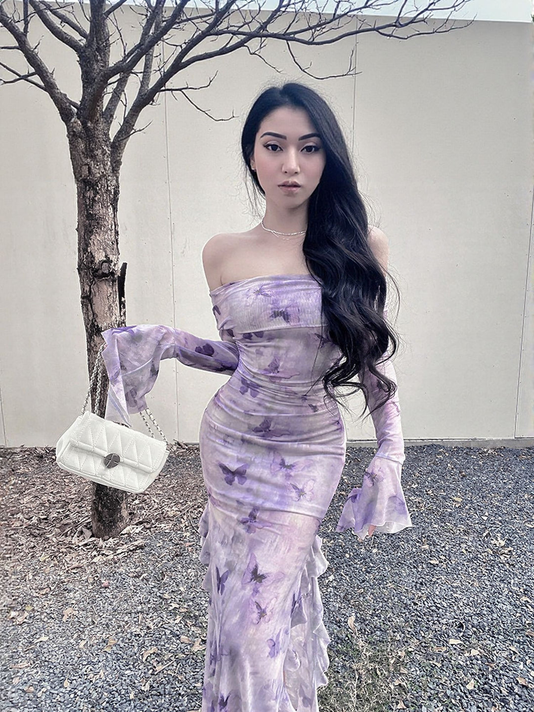 Purple Off Shoulder Printed Maxi