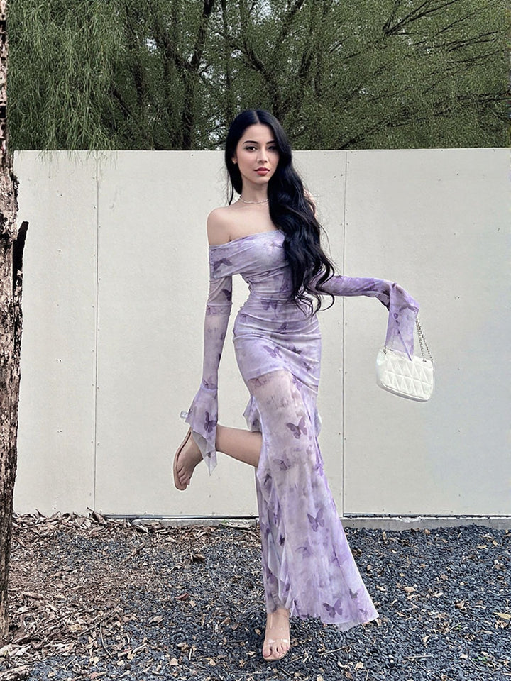 Purple Off Shoulder Printed Maxi