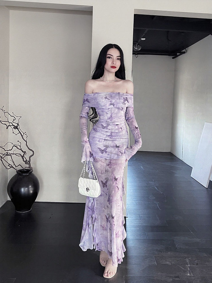 Purple Off Shoulder Printed Maxi
