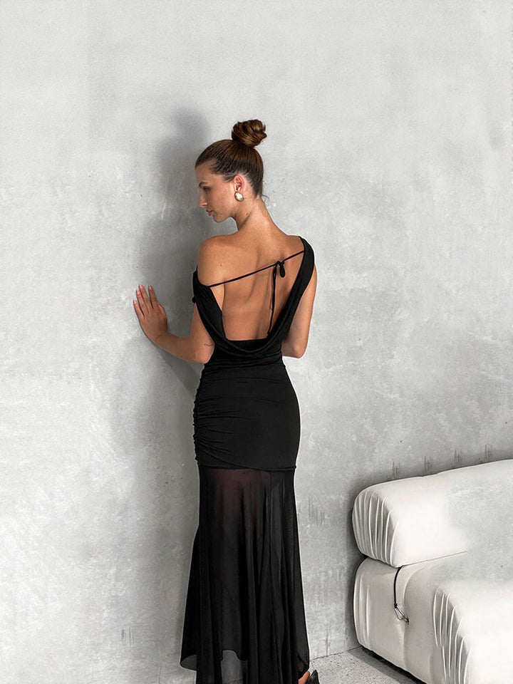 Black Off-Shoulder Sheer Maxi Dress