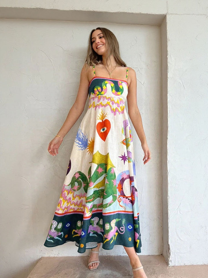 Off White Tropical Print Flared Maxi Dress