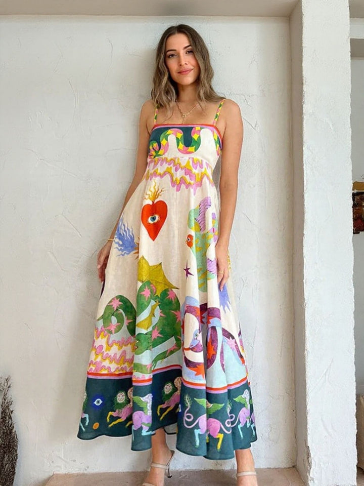 Off White Tropical Print Flared Maxi Dress