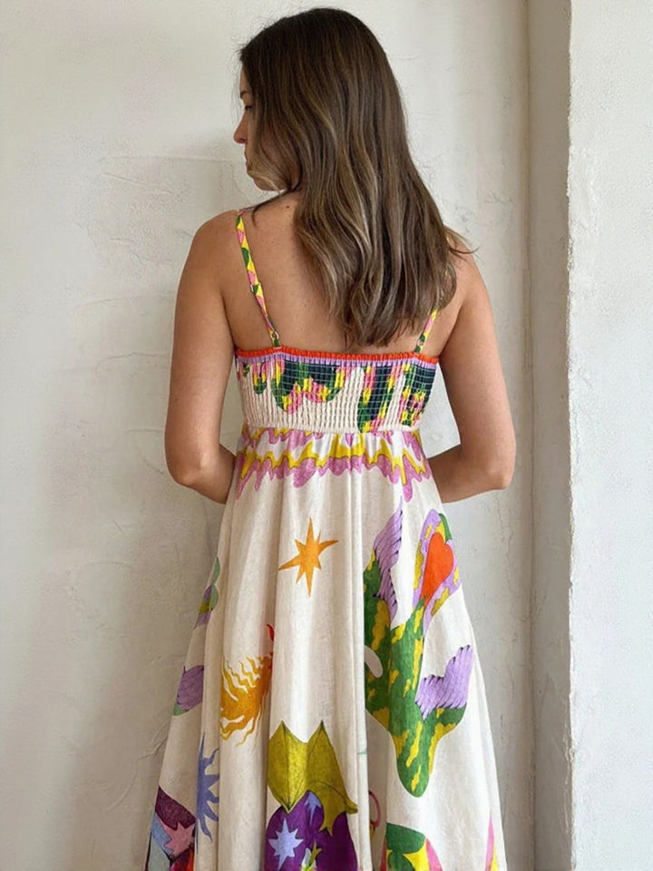 Off White Tropical Print Flared Maxi Dress