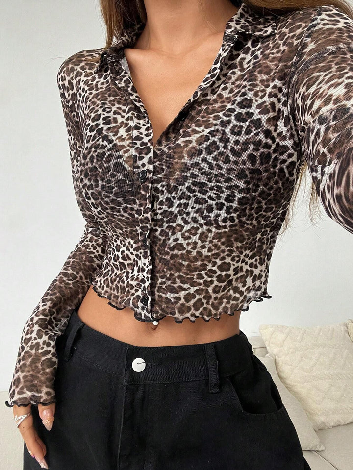 Brown Printed Full Sleeve Crop Front Button Top