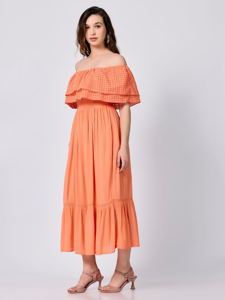 Peach Off Shoulder Tiered Midi Dress