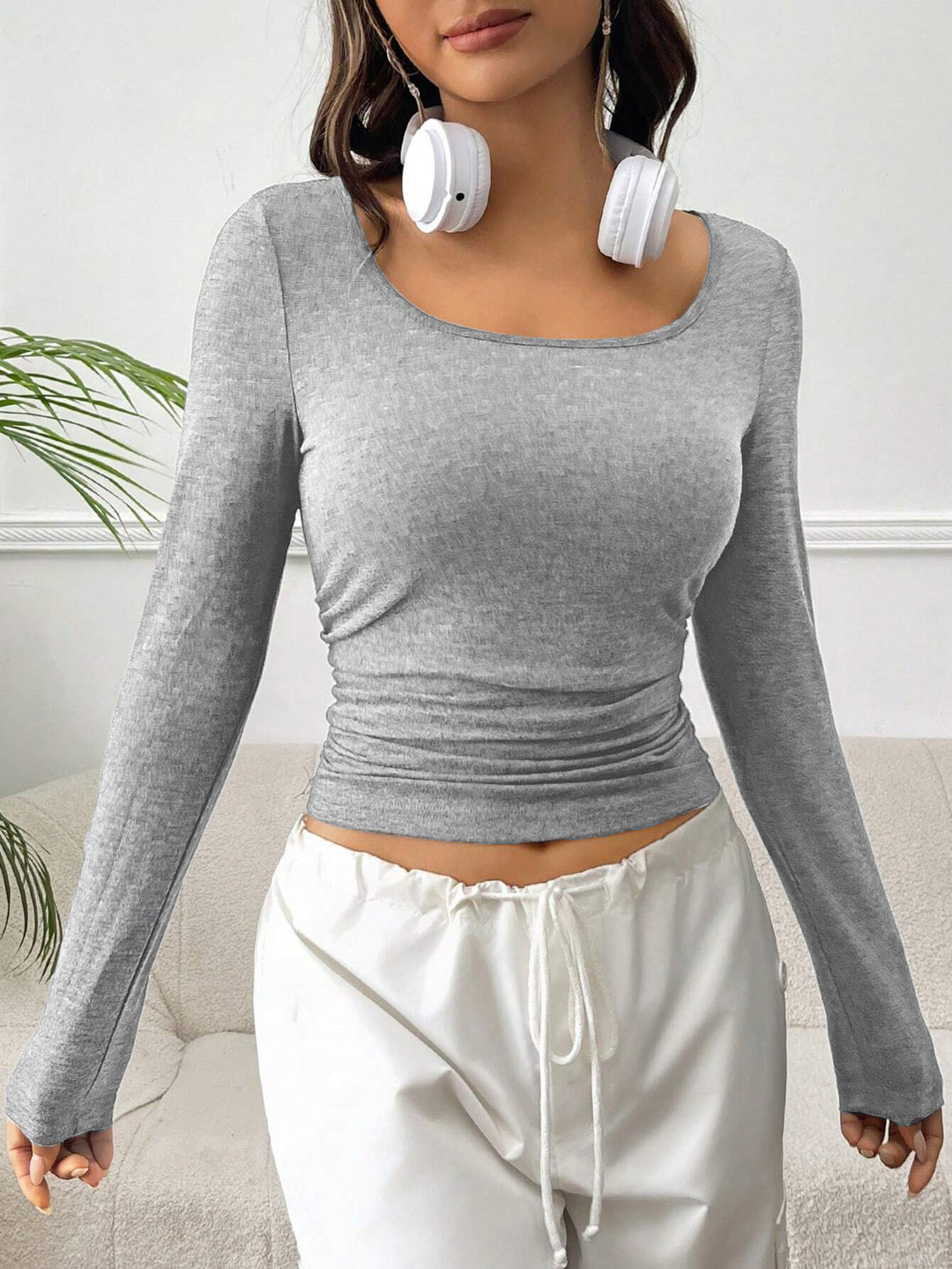 Grey Full Sleeved Scoop Neck Fitted Top