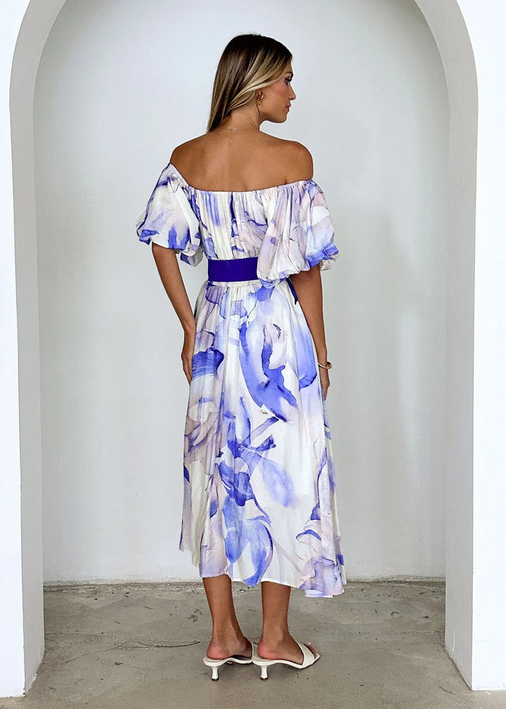 Blue Off Shoulder Waist Tie-Up Dress