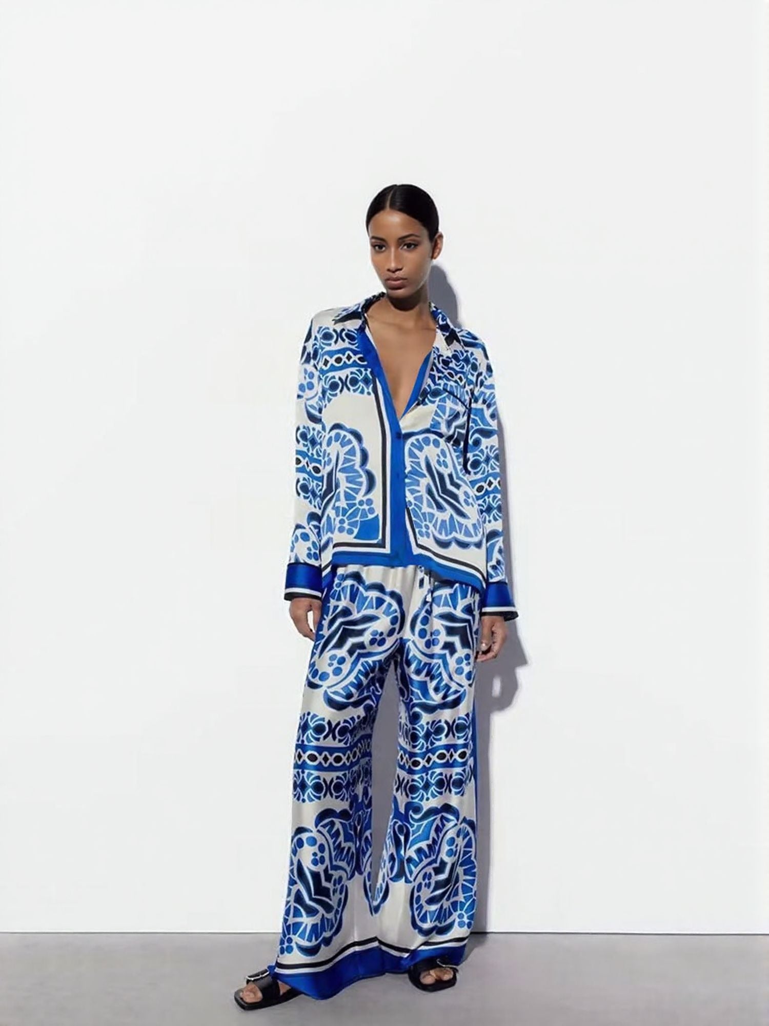 Blue Satin Printed Shirt And Trouser Co-Ord Set