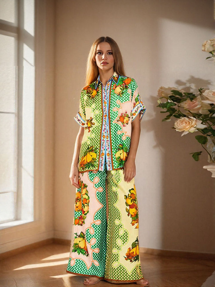 Green Abstract Print Shirt And Trouser Co-Ord Set