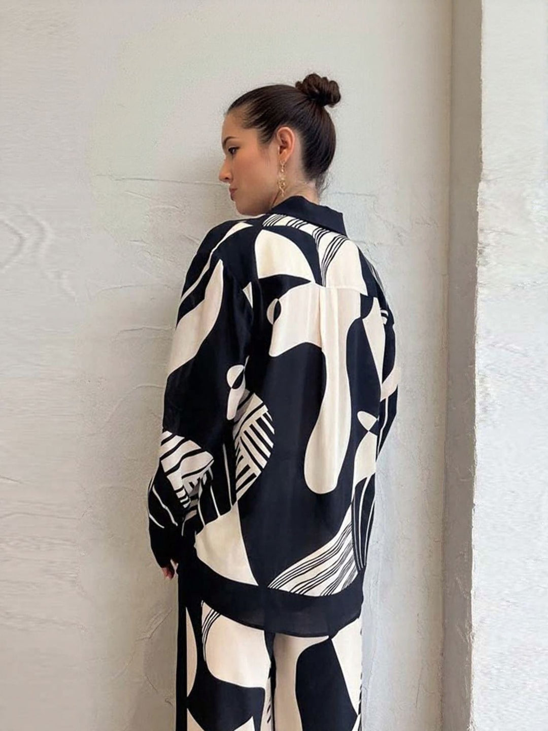 Black Satin Printed Shirt And Trouser Co-Ord Set