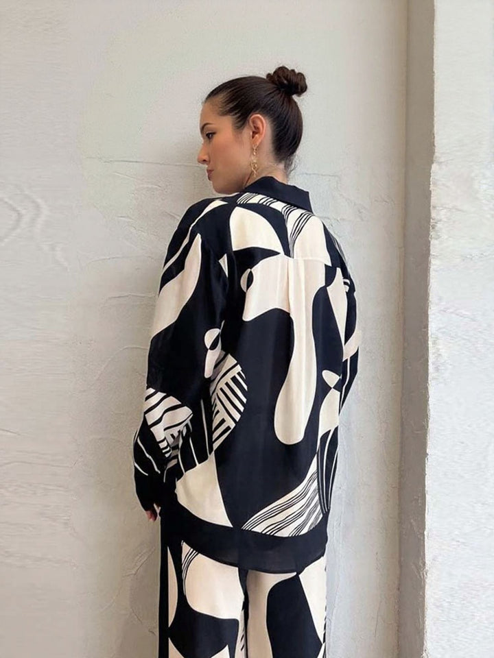 Black Satin Printed Shirt And Trouser Co-Ord Set