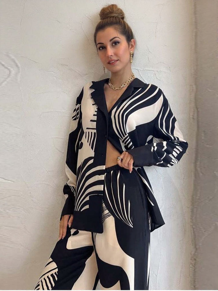 Black Satin Printed Shirt And Trouser Co-Ord Set