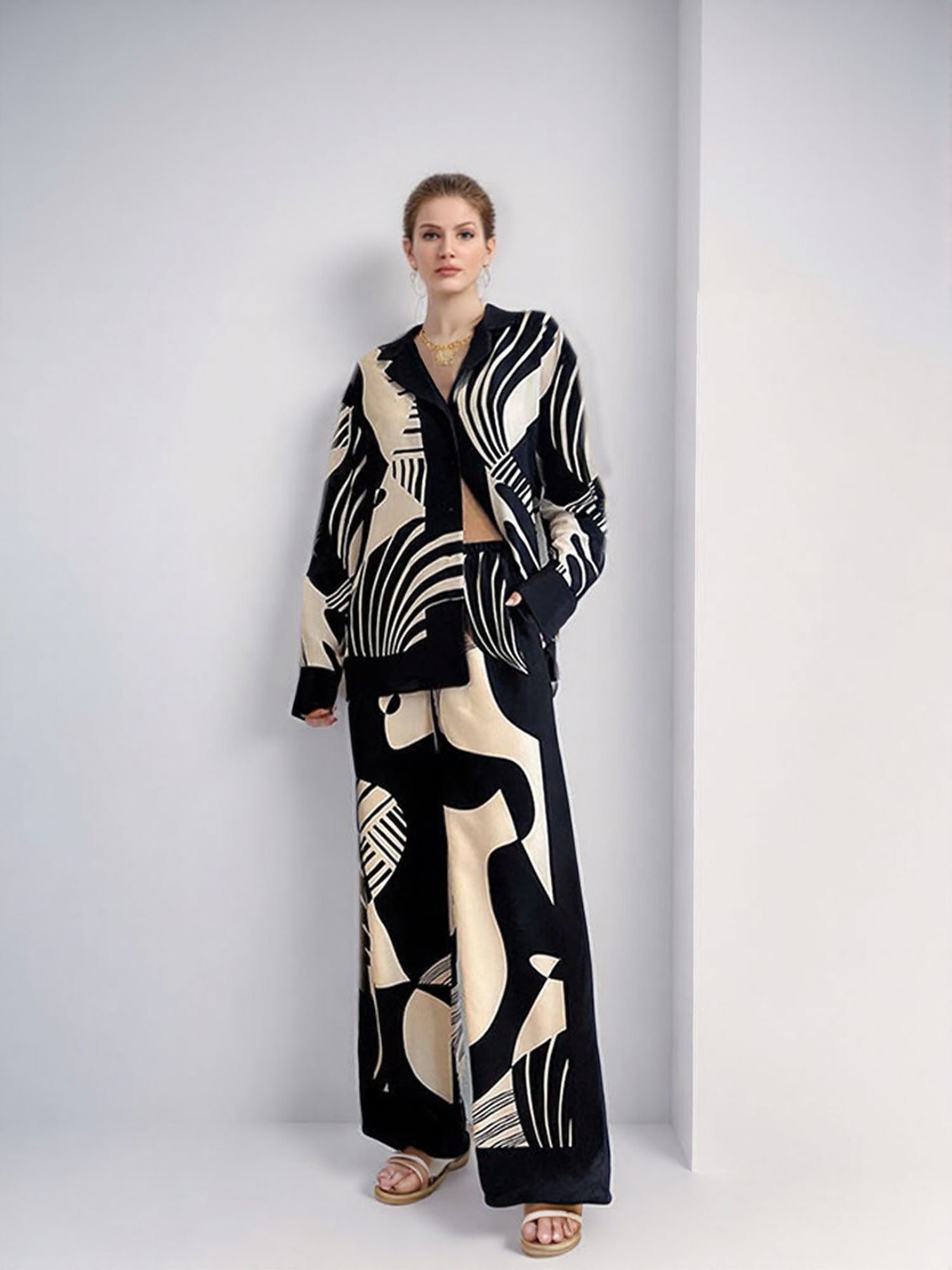 Black Satin Printed Shirt And Trouser Co-Ord Set
