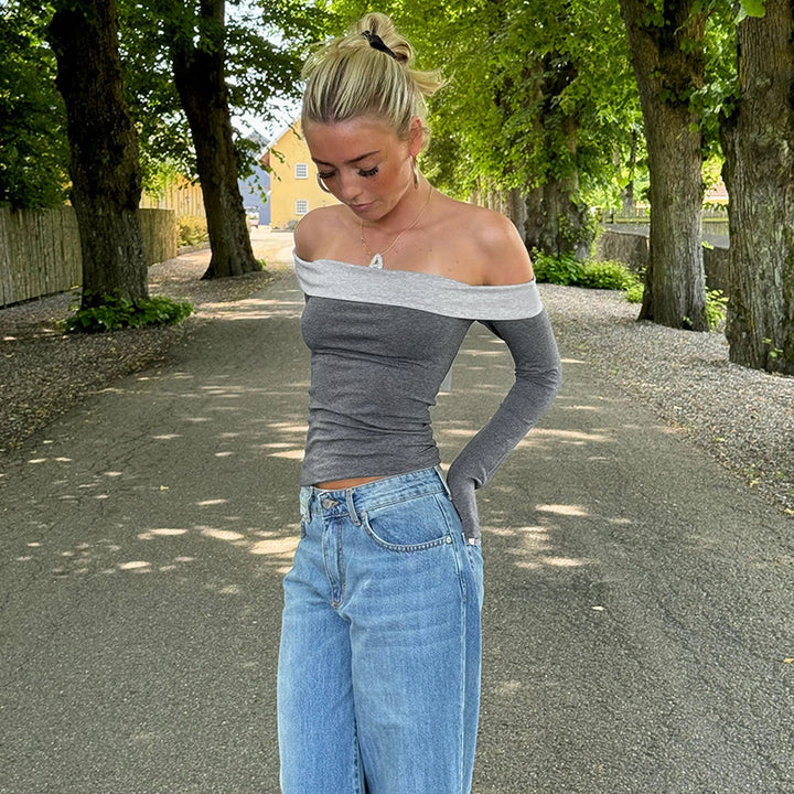 Grey Off-Shoulder Dual Flap Top