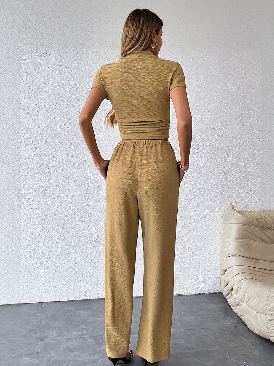 Beige Fitted Top With Wide Leg Sweatpants Coord Set
