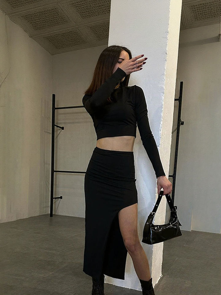 Black Crop Top Full Sleeves High Slit Skirt