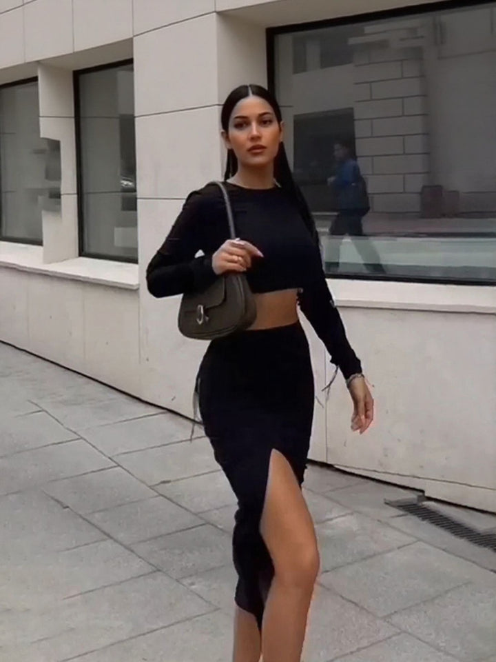 Black Crop Top Full Sleeves High Slit Skirt