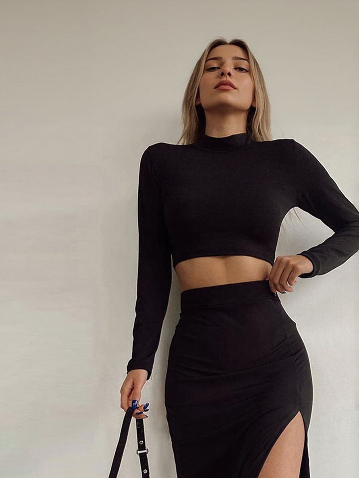 Black Crop Top Full Sleeves High Slit Skirt