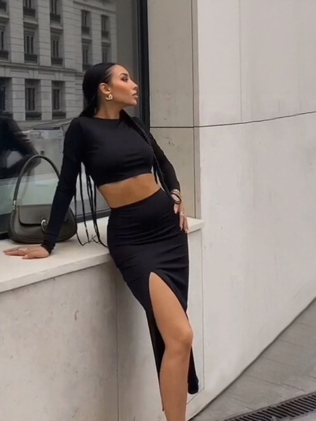 Black Crop Top Full Sleeves High Slit Skirt