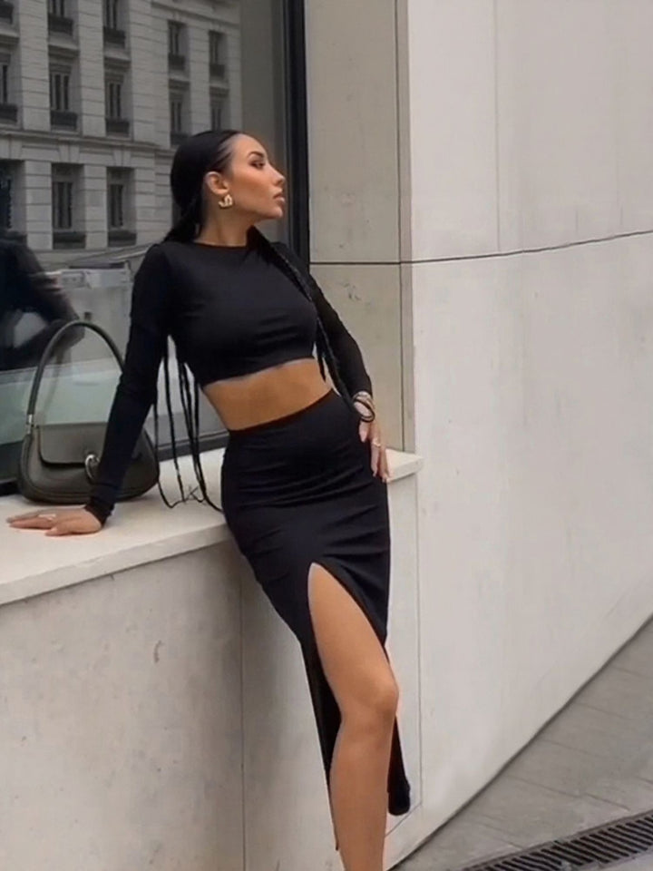 Black Crop Top Full Sleeves High Slit Skirt