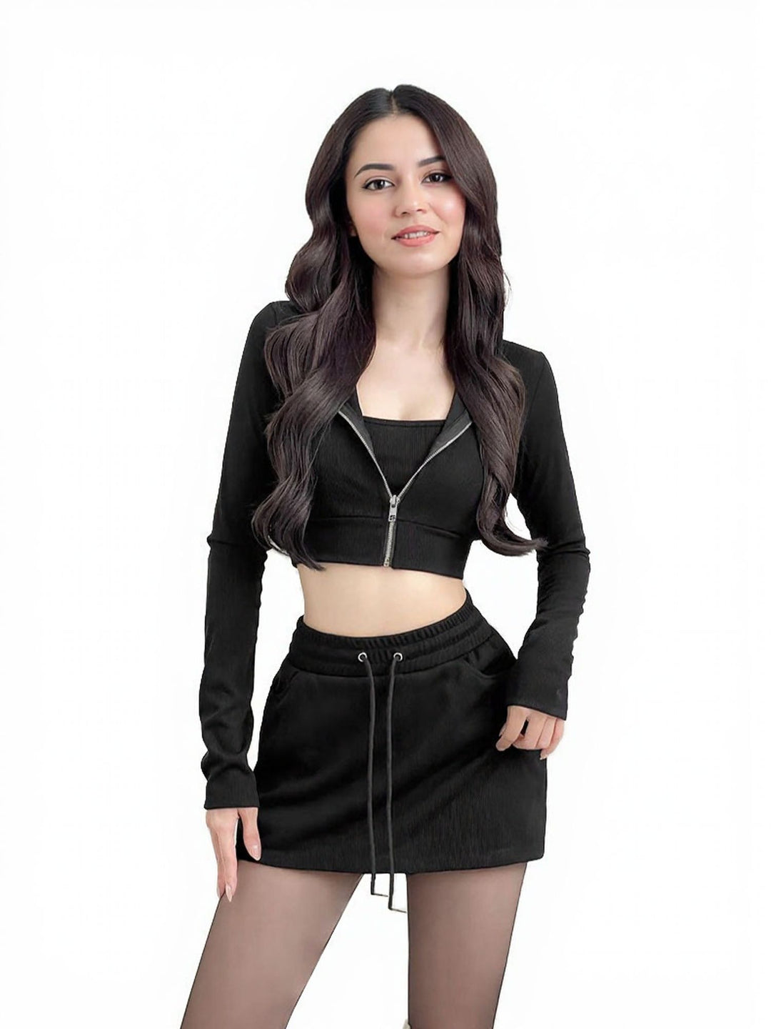 Black Crop Top With Short Skirt And Jacket Coord Set