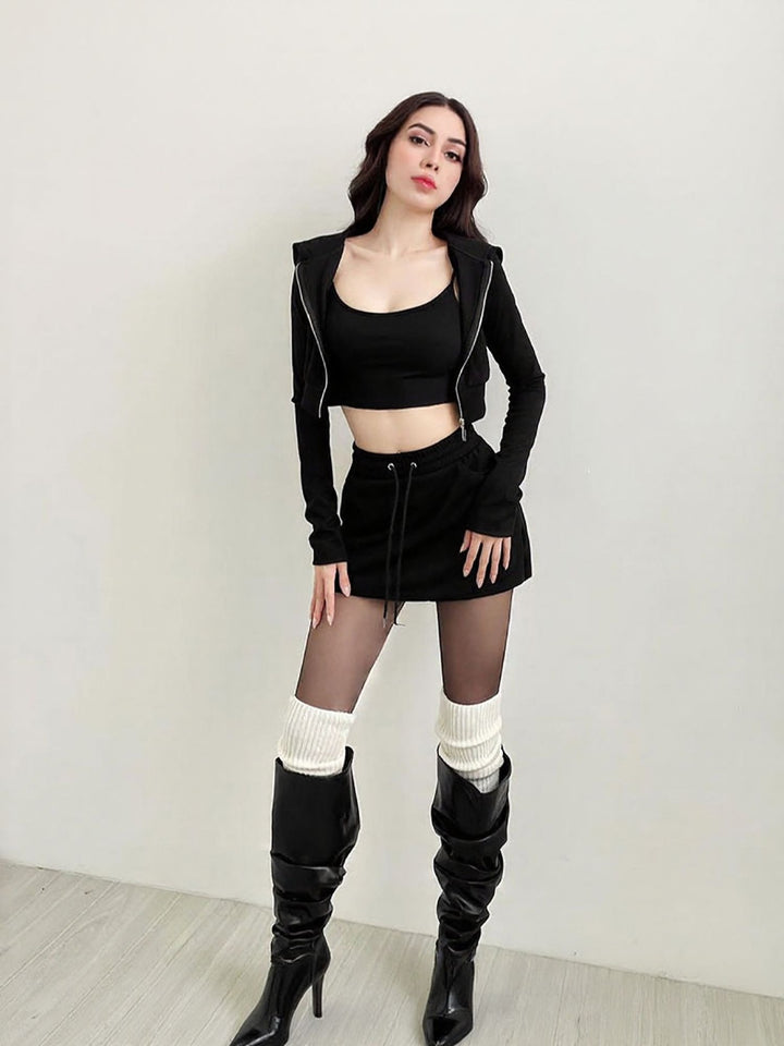 Black Crop Top With Short Skirt And Jacket Coord Set