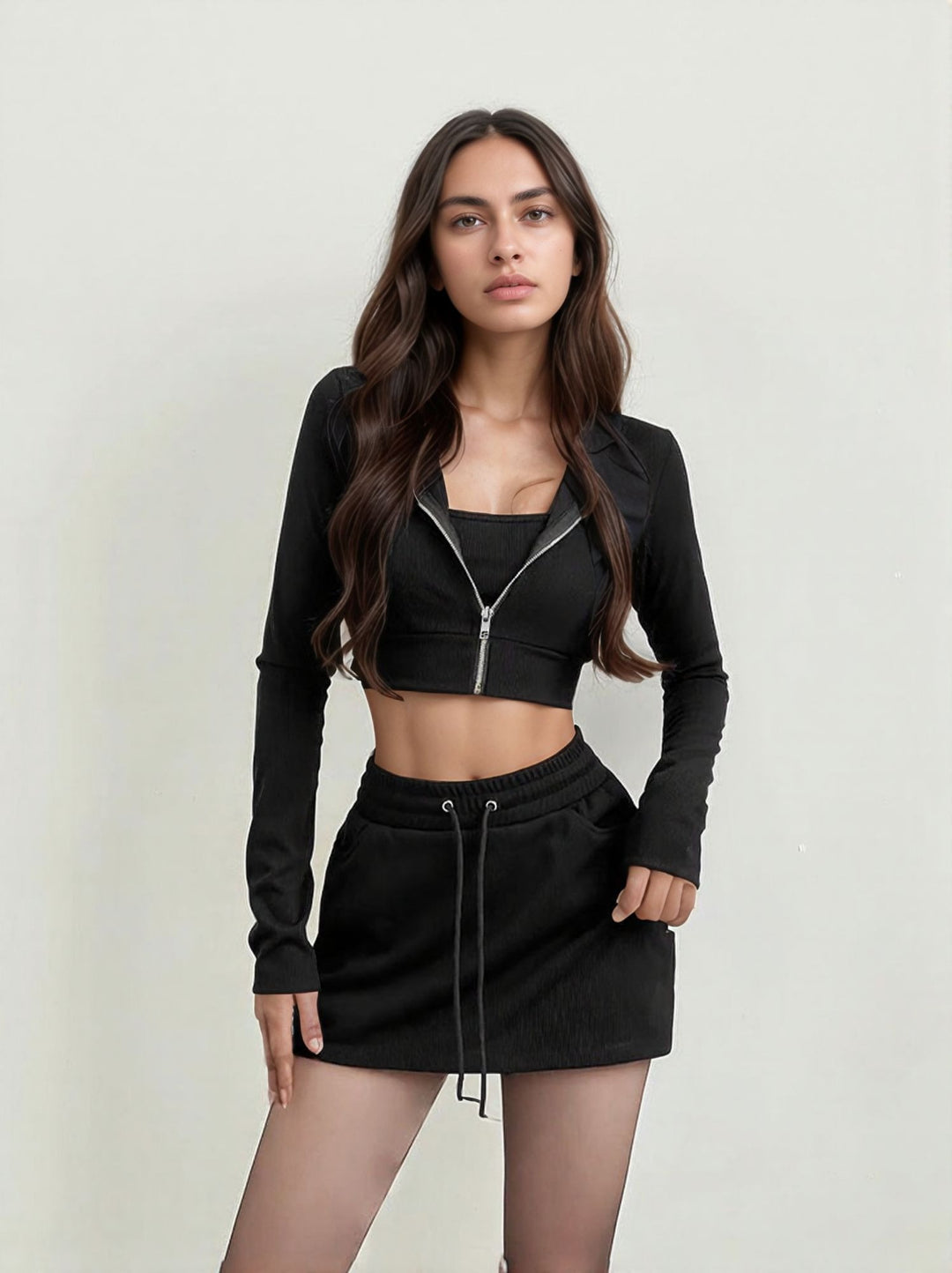 Black Crop Top With Short Skirt And Jacket Coord Set