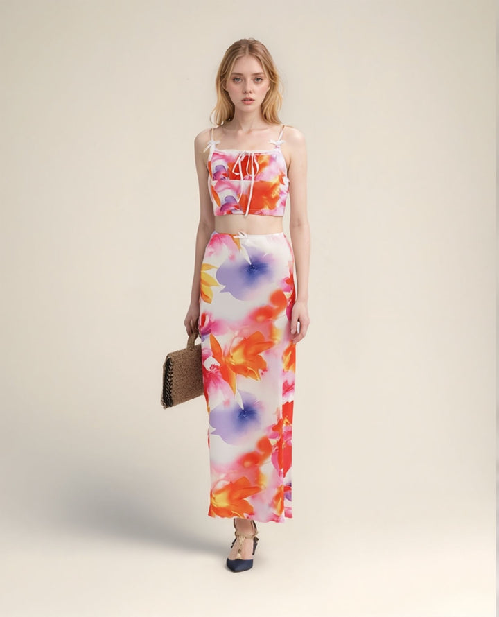 White Floral Print Cami Top And Relaxed Skirt Co-Ord Set