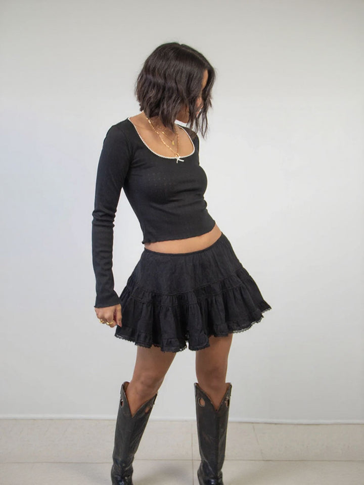 Black Fitted Top With Flared Skirt