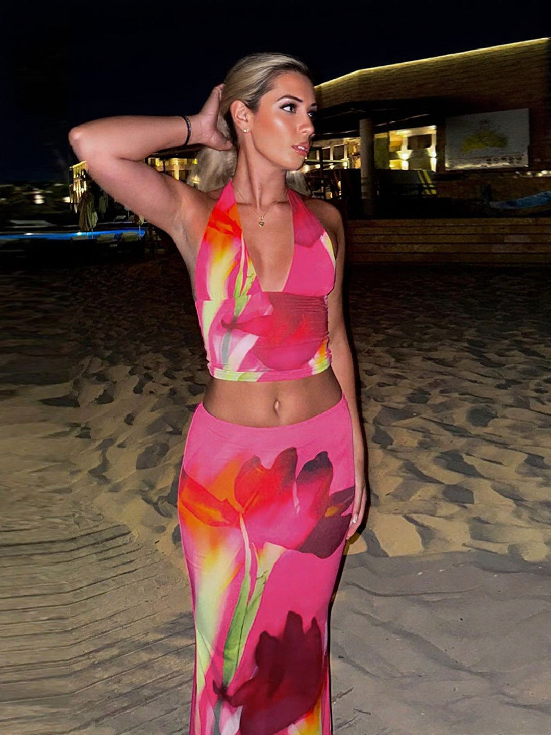 Rose Halter Neck Fitted Top With Skirt