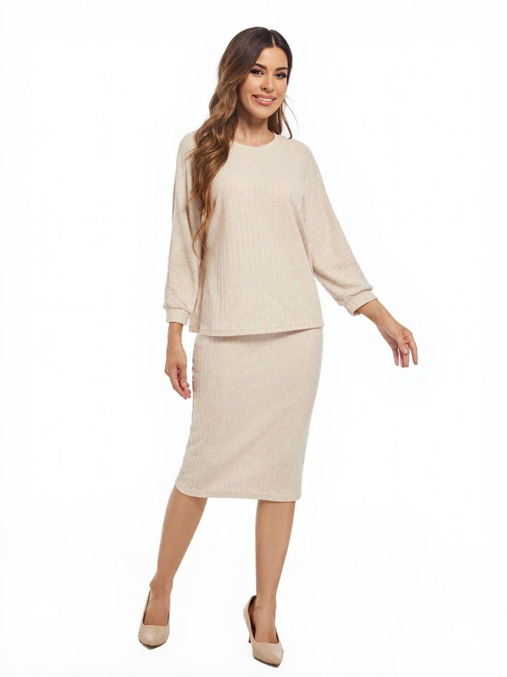 Beige Over Size Top With Fitted Skirt Co-ord Set