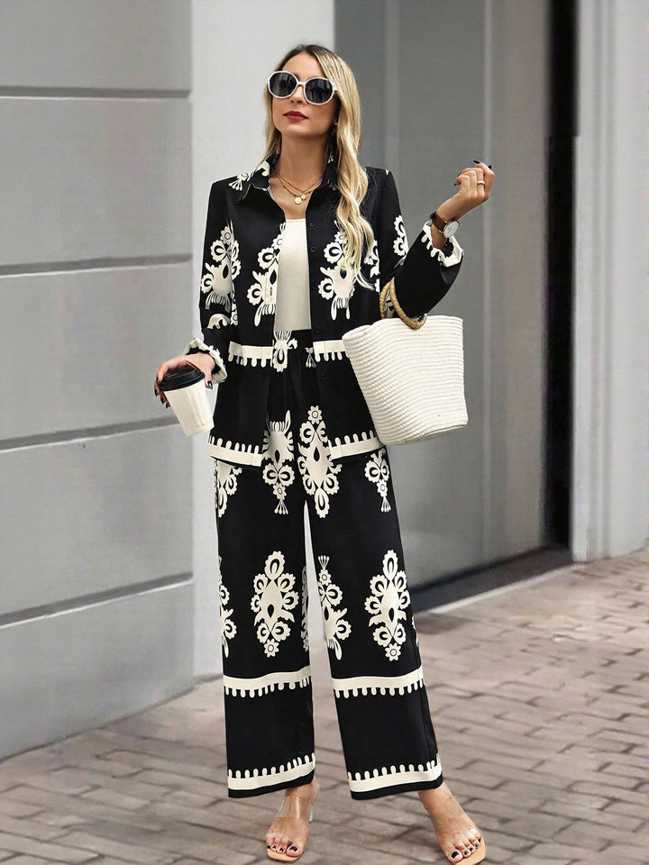 Black Placement Print Shirt Trouser Coord Set