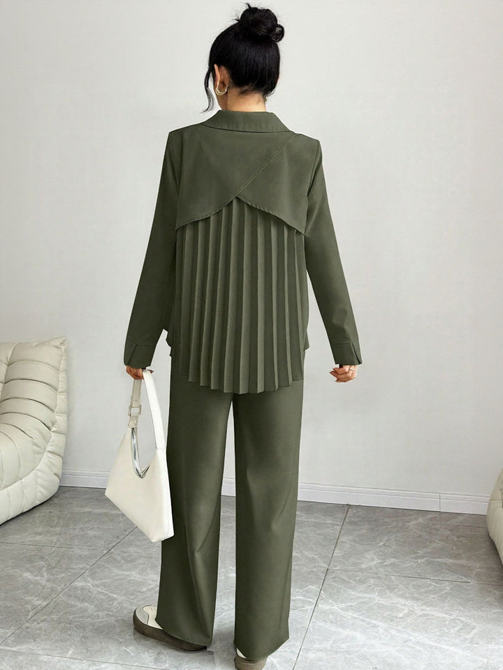 Green Back With Pleating Full Sleeves And Trouser Coord