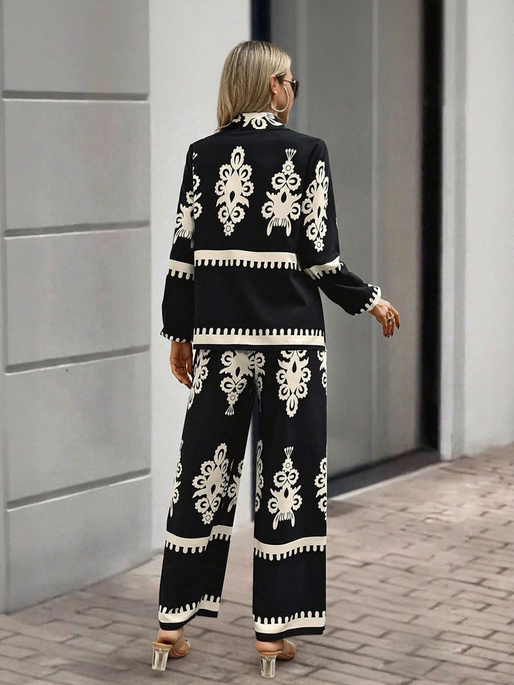 Black Placement Print Shirt Trouser Coord Set
