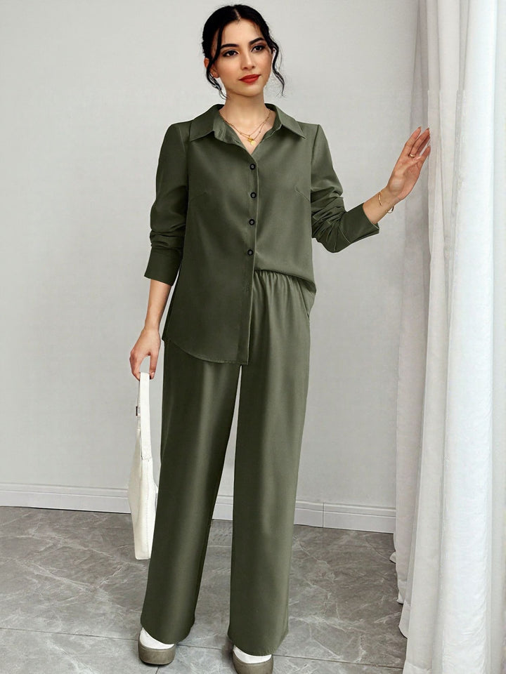 Green Back With Pleating Full Sleeves And Trouser Coord