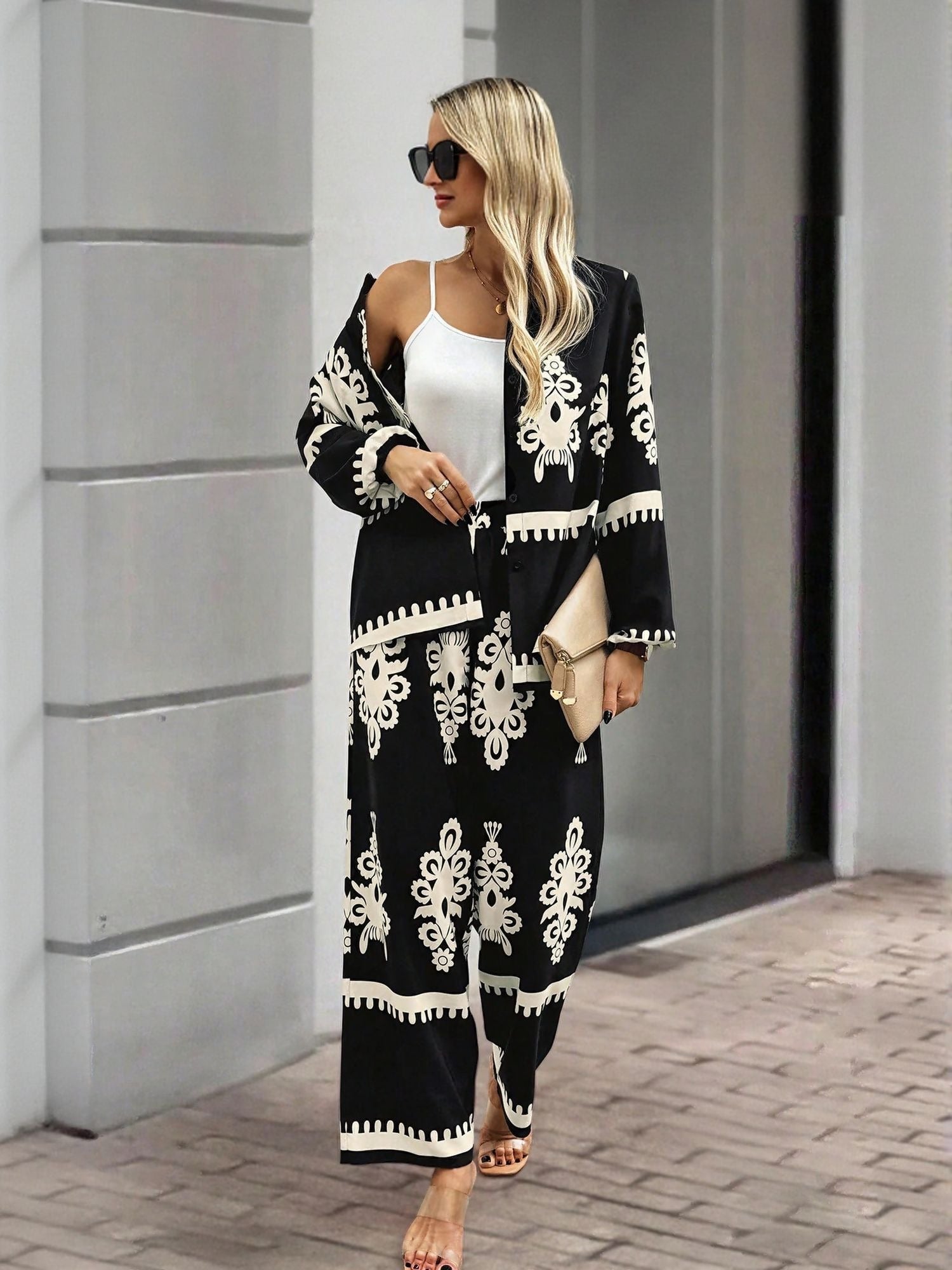 Black Placement Print Shirt Trouser Coord Set