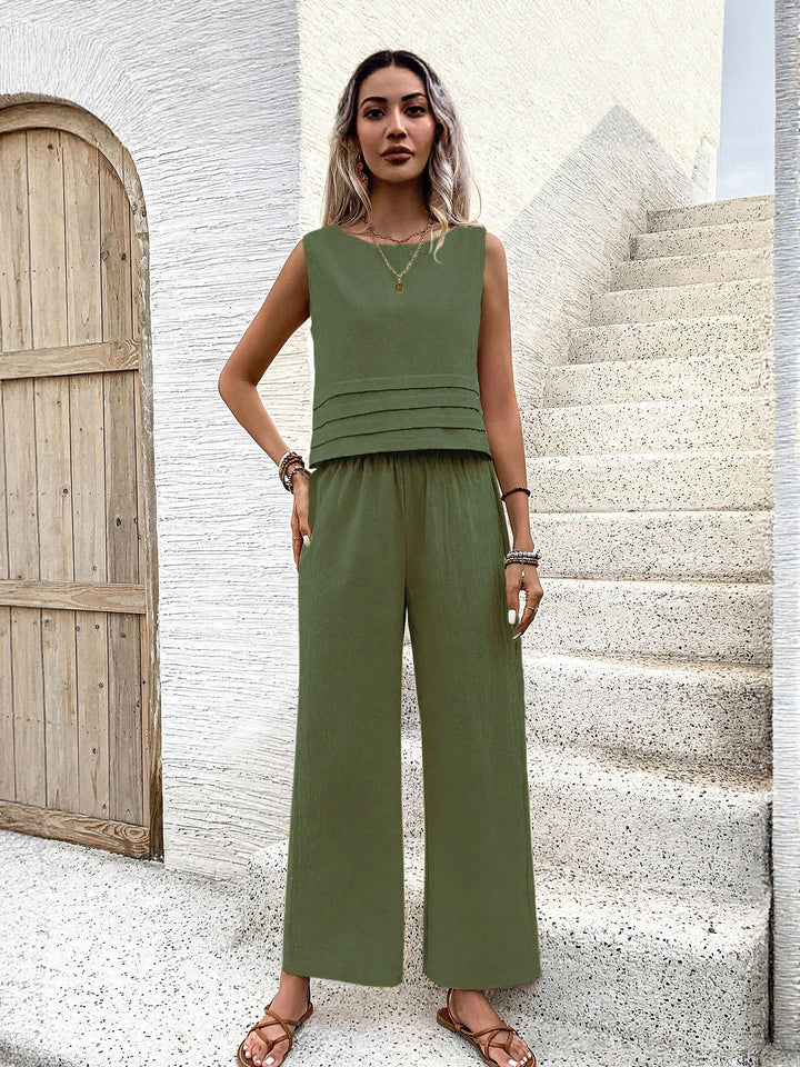 Olive Sleeveless Top And Straight Fit Pants Co-Ord Set