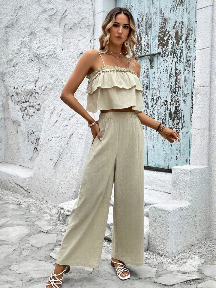 Beige Tiered Strappy Top With Straight Fit Trouser Co-Ord Set