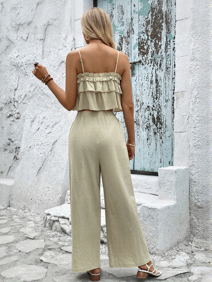 Beige Tiered Strappy Top With Straight Fit Trouser Co-Ord Set