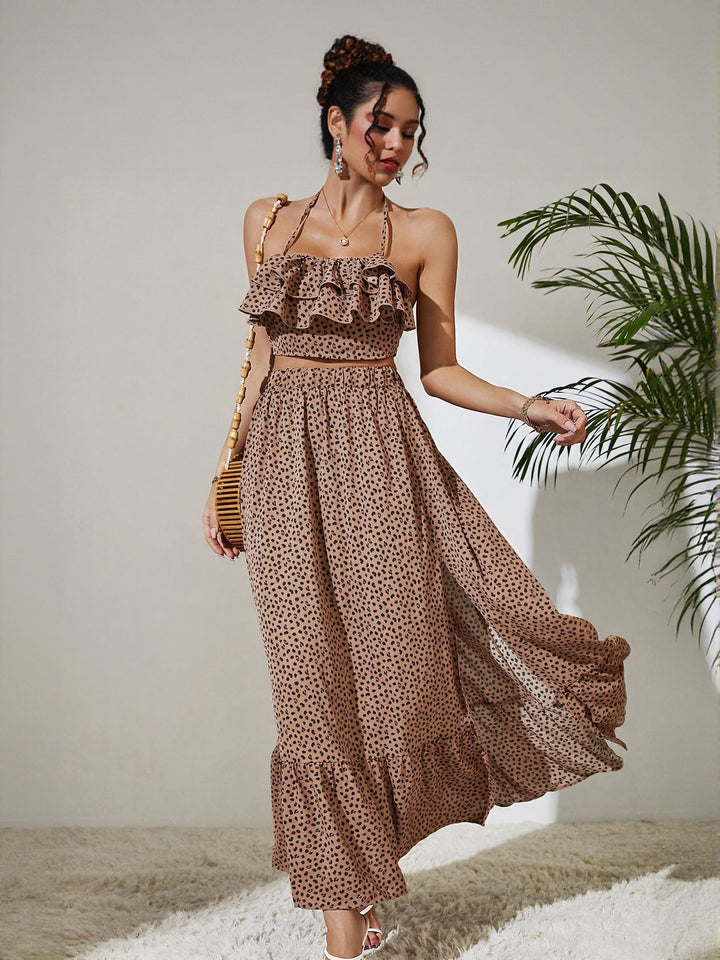 Brown Co Ord Set With Cropped Top And Skirt